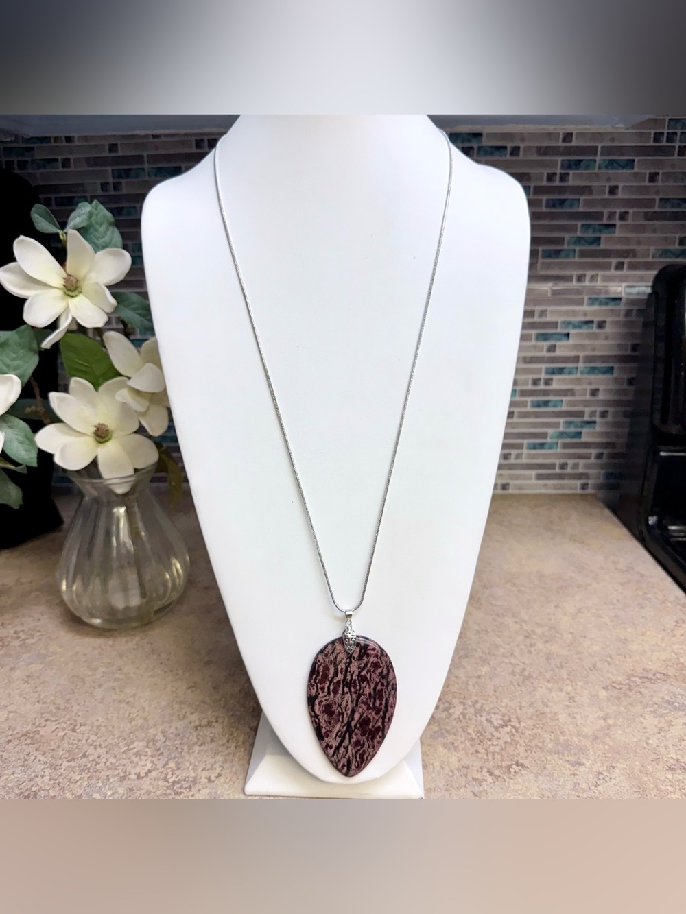 Handcrafted Long Jasper Pendant Necklace Silver Snake Chain Statement Boho